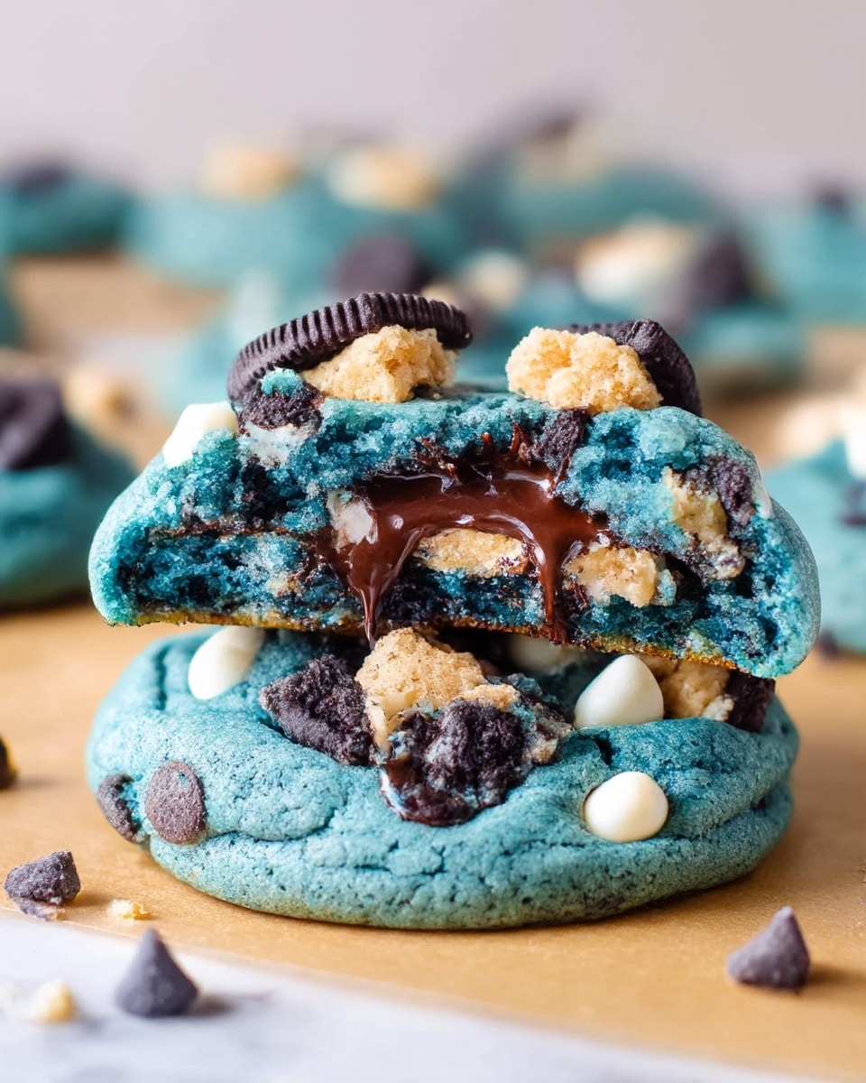 A stack of two blue cookies with a chewy texture is shown on a light brown parchment paper over a white marbled surface. The top cookie is broken in half, revealing a gooey, melted chocolate center with dark and white chocolate chips embedded in the blue dough. Both cookies are studded with small pieces of dark chocolate sandwich cookies and chunks of light brown chocolate chip cookie dough on top, adding rough texture and contrasting colors. The background shows blurred similar cookies scattered, focusing on the central stack. photo taken with an iphone --ar 4:5 --v 7