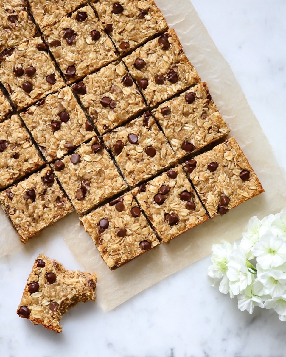 A batch of twelve square oat bars with chocolate chips scattered throughout sits on a sheet of parchment paper on a white marbled surface. Each bar has a golden-brown color with visible oats on the surface, giving a textured look. Two bars have been pulled slightly away from the main group, one positioned at the bottom left with a bite taken out of it, showing a soft and chewy interior. To the right of the bars, there are white flowers adding a soft, delicate touch to the scene. The photo is bright, simple, and clean. photo taken with an iphone --ar 4:5 --v 7
