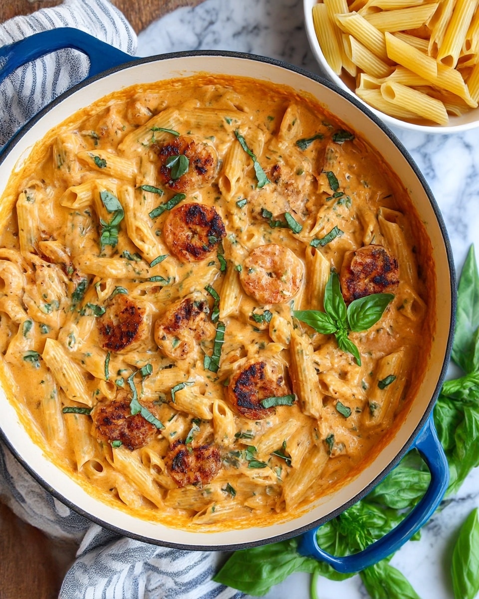 A close-up top view of a creamy shrimp pasta in a white pot with blue handles; the dish has penne pasta covered in a thick orange cream sauce mixed with herbs and small green basil leaves scattered on top. There are several browned, grilled shrimp pieces distributed evenly over the pasta, adding a slightly charred texture. Around the pot, fresh green basil leaves and a white bowl filled with uncooked penne pasta are placed on a white marbled surface alongside a striped cloth. photo taken with an iphone --ar 4:5 --v 7