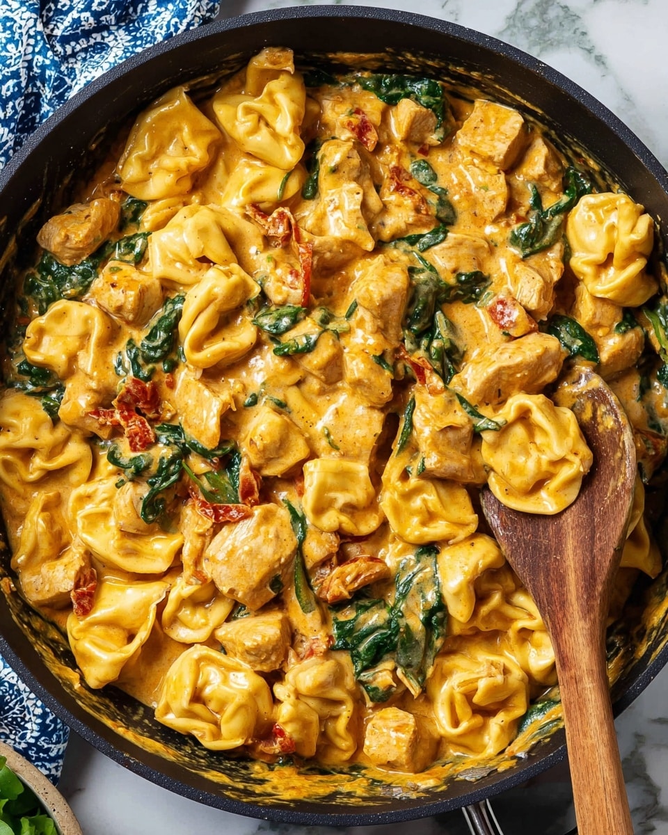 A large black skillet filled with three layers of creamy pasta: the bottom layer is soft yellow tortellini coated in a thick, smooth orange sauce; the middle layer has chunks of browned chicken and dark green spinach leaves mixed evenly throughout; the top layer shows more tortellini with small pieces of sun-dried tomatoes adding red spots, and a wooden spoon resting inside the skillet, all set on a white marbled surface. photo taken with an iphone --ar 4:5 --v 7