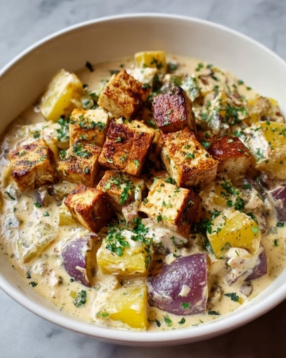 The image shows a white bowl filled with a creamy dish made of several layers. The bottom layer contains large, soft potato pieces in light yellow and purple colors. On top of that, there are chunky pieces of grilled chicken with a golden brown color, mixed evenly with the potatoes. The dish is covered with a smooth, white cream sauce that has a slightly thick texture. Small green herbs are sprinkled across the dish, adding a bright touch of color. The bowl sits on a white marbled surface, and the lighting highlights the creamy texture and warm colors of the food. Photo taken with an iphone --ar 4:5 --v 7