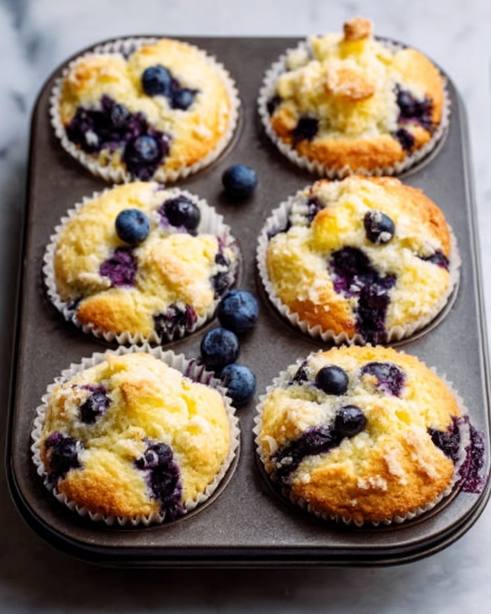 A close-up view of six blueberry muffins in a dark baking tray, each muffin showing a rough, golden-brown top with scattered blueberries visible on the surface and some peeking through the sides. The muffins have a soft, slightly crumbly texture with white paper liners that have a hint of purple around their edges. The background is a white marbled texture, giving a clean and bright look. The muffins fill most of the frame with a focus on their uneven, slightly cracked tops and dark blue berries. photo taken with an iphone --ar 4:5 --v 7