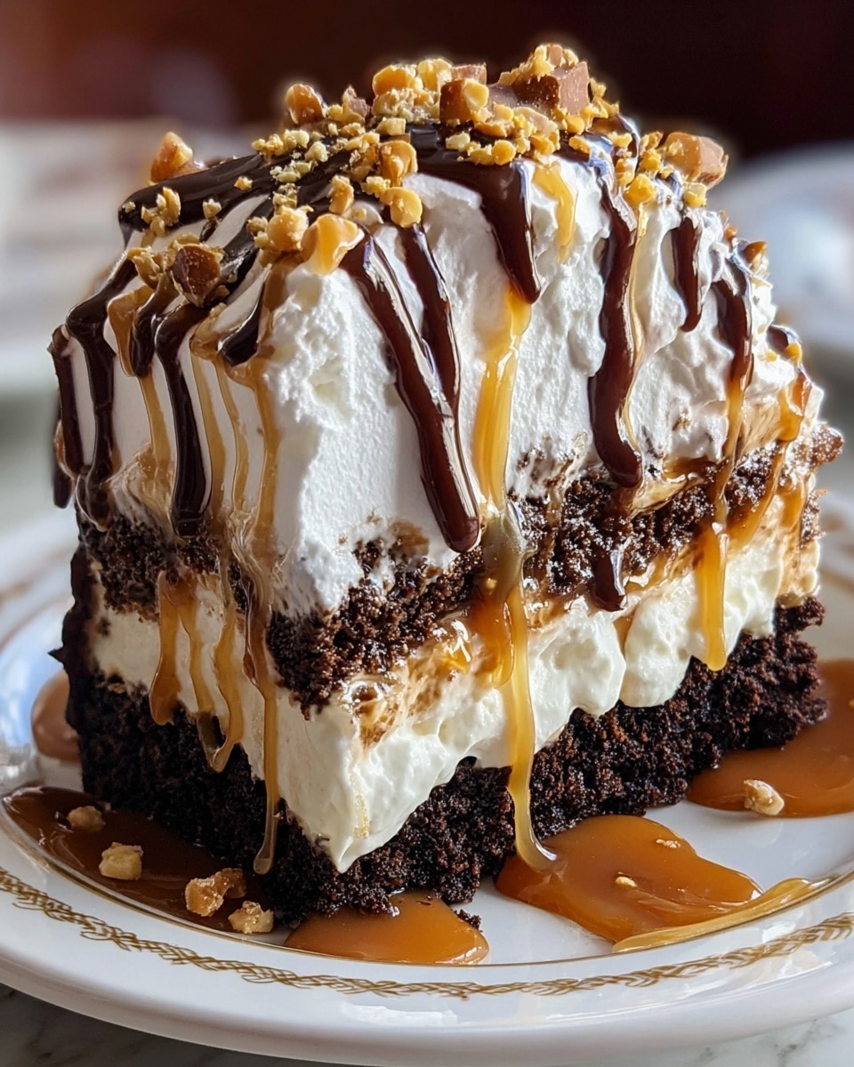 A three-layer dessert on a white plate with gold patterns rests on a white marbled surface. The bottom layer is rich, dark brown chocolate cake, dense and moist. Above it is a thick, fluffy layer of white cream filling, topped by a large, smooth layer of whipped white cream that is slightly shiny and soft-looking. The whipped cream is covered with golden crunchy crumbs and chopped nuts, giving it texture and color contrast. Dark chocolate syrup is drizzled artistically over the top and sides of the dessert, alongside a caramel sauce that pools around the base, creating a glossy, inviting finish. Photo taken with an iphone --ar 4:5 --v 7