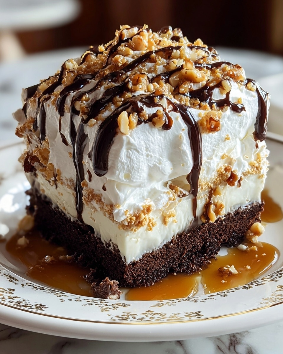 A slice of three-layer dessert is served on a white plate with a gold design around its edge, placed on a white marbled surface. The bottom layer is a dark, crumbly chocolate cake, topped with a thick middle layer of white creamy filling. Above this is a thick layer of whipped cream, white and fluffy, forming the top layer. The whipped cream is sprinkled with small golden crumbs and chopped nuts. Drizzled over the top and down the sides are lines of glossy dark chocolate and caramel sauces, with extra caramel pooling around the base of the dessert on the plate. The close-up shot highlights the textures and the rich colors of the dessert. photo taken with an iphone --ar 4:5 --v 7