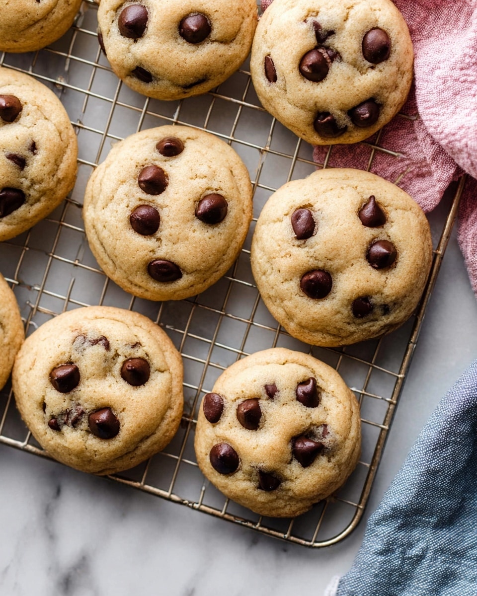 A close-up of six chocolate chip cookies with a light golden brown color, laid out in two rows of three on a silver cooling rack. Each cookie has a soft, slightly wrinkled texture with dark brown chocolate chips scattered evenly on the top surface. The cooling rack sits on a white marbled texture, with a few loose chocolate chips around. To the right side, there is a soft pink cloth partially visible, and in the bottom right corner, part of a blue cloth is also present. photo taken with an iphone --ar 4:5 --v 7