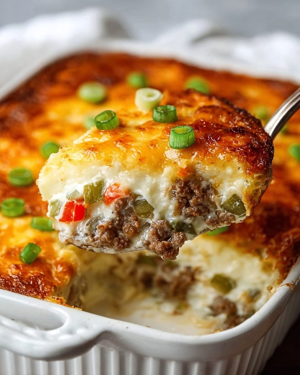 A close-up of a white ceramic dish filled with a baked layered casserole, with a scoop being lifted by a metal spoon. The casserole shows three main layers: a golden-brown, slightly crispy cheese topping with small green onion slices; beneath it, mixed ground beef with small pieces of green and red peppers in a creamy white sauce; the bottom layer mirrors the creamy white mixture. The white marbled surface beneath the dish adds a clean background contrast. photo taken with an iphone --ar 4:5 --v 7