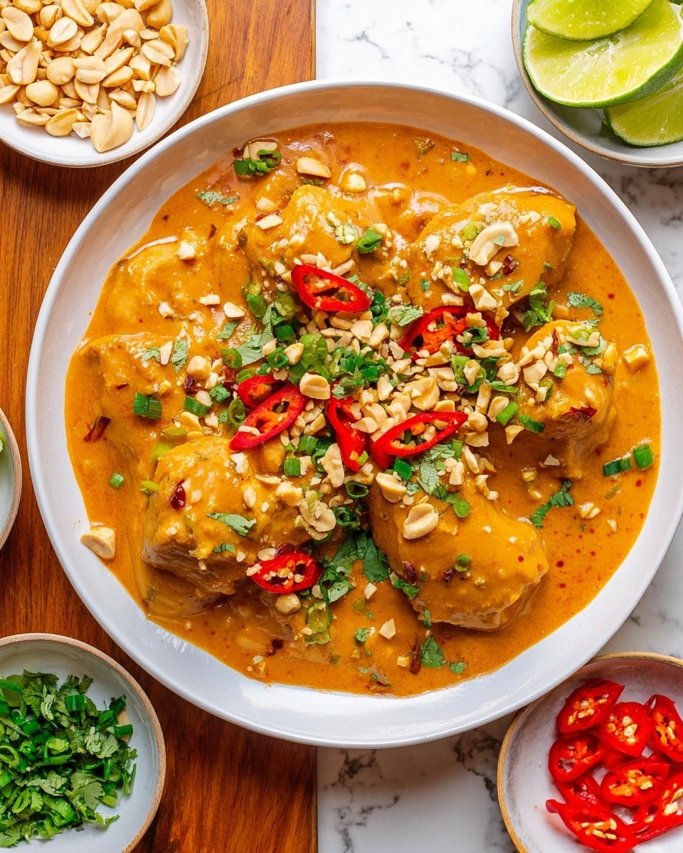 A white bowl filled with thick orange peanut sauce covers multiple large pieces of chicken, topped with chopped peanuts, green onion slices, red chili rings, and fresh green herbs scattered on top. Surrounding the bowl are smaller white bowls containing lime wedges, chopped peanuts, red chili slices, and finely chopped green herbs, all placed on a warm wooden surface replaced by a white marble texture. The sauce is smooth with some chunks, and the toppings add a mix of green, red, and beige colors making the dish look fresh and rich. photo taken with an iphone --ar 4:5 --v 7