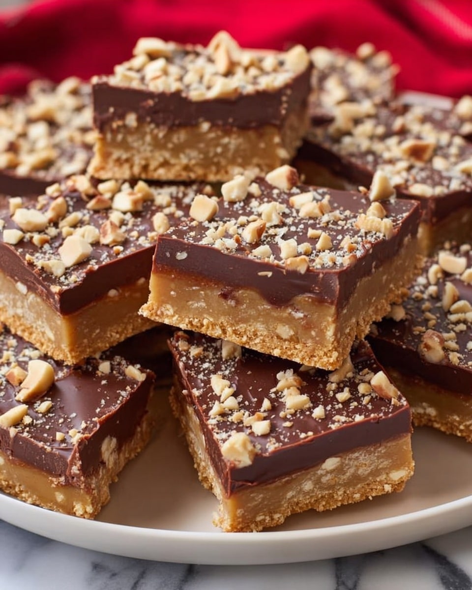 The image shows many square pieces of a dessert arranged closely in a white dish. Each piece has two layers: a thick light brown base with a crumbly texture and a smooth, glossy dark brown chocolate layer on top. The chocolate layer is sprinkled with chopped nuts that vary in size, adding a rough texture and light beige color contrast. The dish sits on a white marbled surface with a glimpse of a red cloth nearby. photo taken with an iphone --ar 4:5 --v 7
