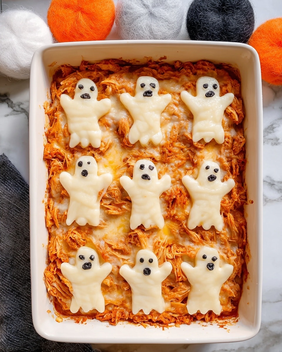 A white rectangular dish filled with shredded chicken covered in a layer of orange-red sauce mixed with melted cheese. On top, there are eight ghost-shaped slices of pale melted cheese arranged in two rows, each ghost with two small black olive pieces as eyes. The cheese ghosts have smooth, rounded edges and slightly spread arms, contrasting with the textured chicken beneath. The dish is placed on a white marbled surface with some round felt decorations in white, grey, black, and orange colors above it. photo taken with an iphone --ar 4:5 --v 7