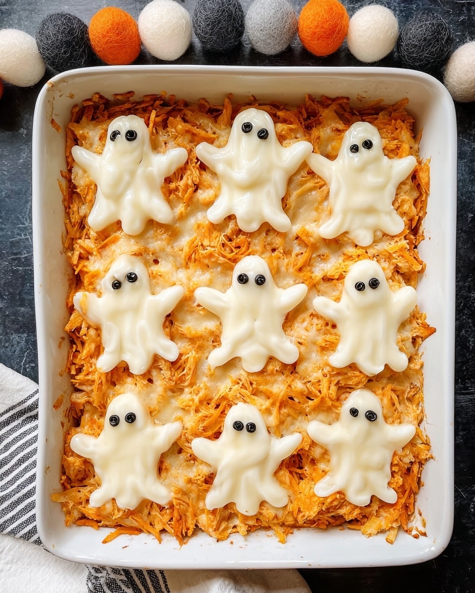 A white rectangular baking dish filled with a layered casserole of shredded orange chicken mixed with creamy white sauce spread evenly, topped with eight white ghost-shaped cheese slices arranged in two rows of four. Each ghost has two small black olive pieces for eyes, giving them a cute, playful look. The dish sits on a dark surface with a row of felt ball garland in gray, black, cream, and orange colors positioned near the top edge. A white cloth with black stripes peeks at the bottom left corner. The photo has bright, natural lighting highlighting the textures and colors. Photo taken with an iphone --ar 4:5 --v 7