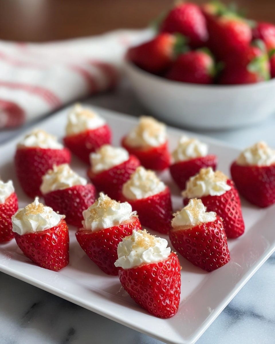 This image shows many bright red strawberry halves arranged neatly on a white square plate. Each strawberry half has a dollop of white creamy filling on top, with a small sprinkle of light brown crumbs over the cream. The strawberries are fresh and shiny, and the cream looks smooth and fluffy. The plate is on a white marbled surface, and in the background, there is a white bowl filled with more whole strawberries, slightly blurred. The scene has soft natural light creating a fresh and inviting look. photo taken with an iphone --ar 4:5 --v 7