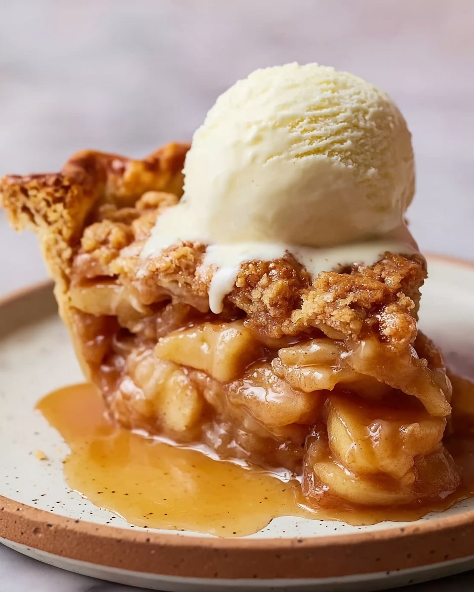 A thick slice of apple pie sits on a white plate with a lightly speckled rim, showing a golden-brown, crumbly crust on top and around the edges. Inside, juicy, soft apple slices coated with cinnamon and syrup fill the middle, with the syrup slightly dripping down the sides and pooling on the plate. On top of the pie, there is one scoop of creamy, white vanilla ice cream starting to melt, creating a smooth, glossy layer over the crust. The background is a white marbled texture. photo taken with an iphone --ar 4:5 --v 7