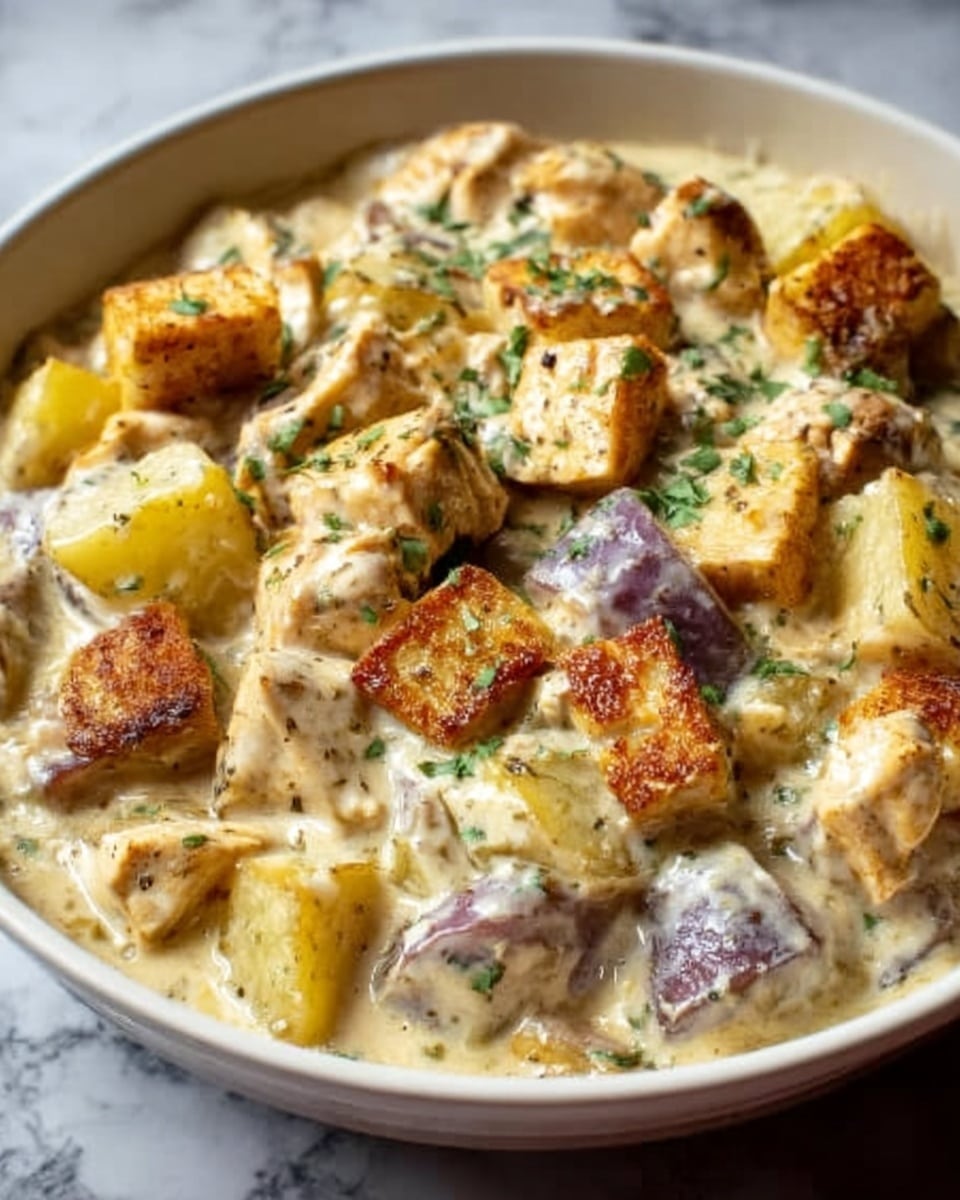 A white bowl filled with a creamy dish showing three layers of food. The bottom layer has soft yellow potato cubes mixed with some whole light purple potato pieces. On top of this, there is a rich light cream sauce that covers the potatoes evenly, with small green herb pieces sprinkled all over. The top layer has large, browned tofu cubes with a slightly crispy texture and some more herbs scattered on them. The bowl sits on a white marbled surface. Photo taken with an iphone --ar 4:5 --v 7
