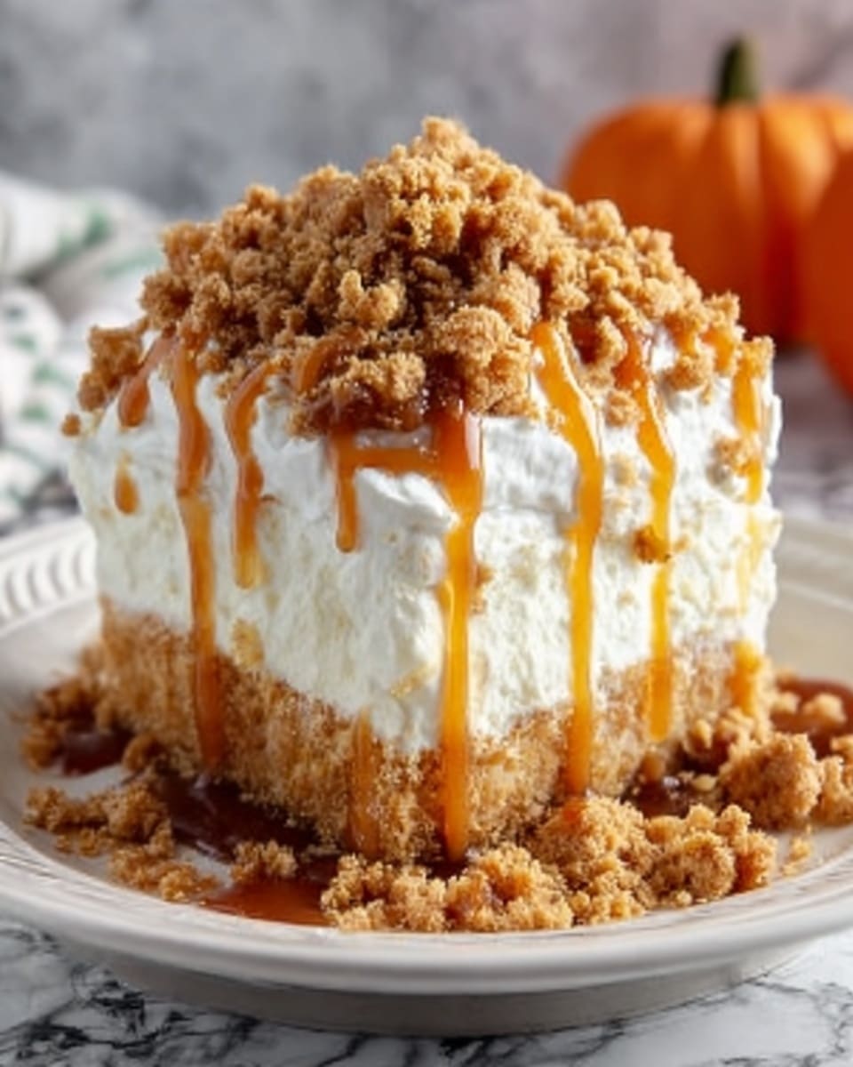 The image shows a thick slice of layered dessert on a white plate with a thin rim. The bottom layer is a soft, moist cake in golden yellow color. Above it is a thick, smooth white cream layer that looks fluffy and light. The top has a crumbly, golden brown streusel layer that adds texture. Light brown syrup is drizzled over the cream and streusel, running down the sides and pooling slightly on the plate. The background has soft autumn decorations, with soft orange pumpkins and blurry rustic elements on a white marbled surface. Photo taken with an iphone --ar 4:5 --v 7