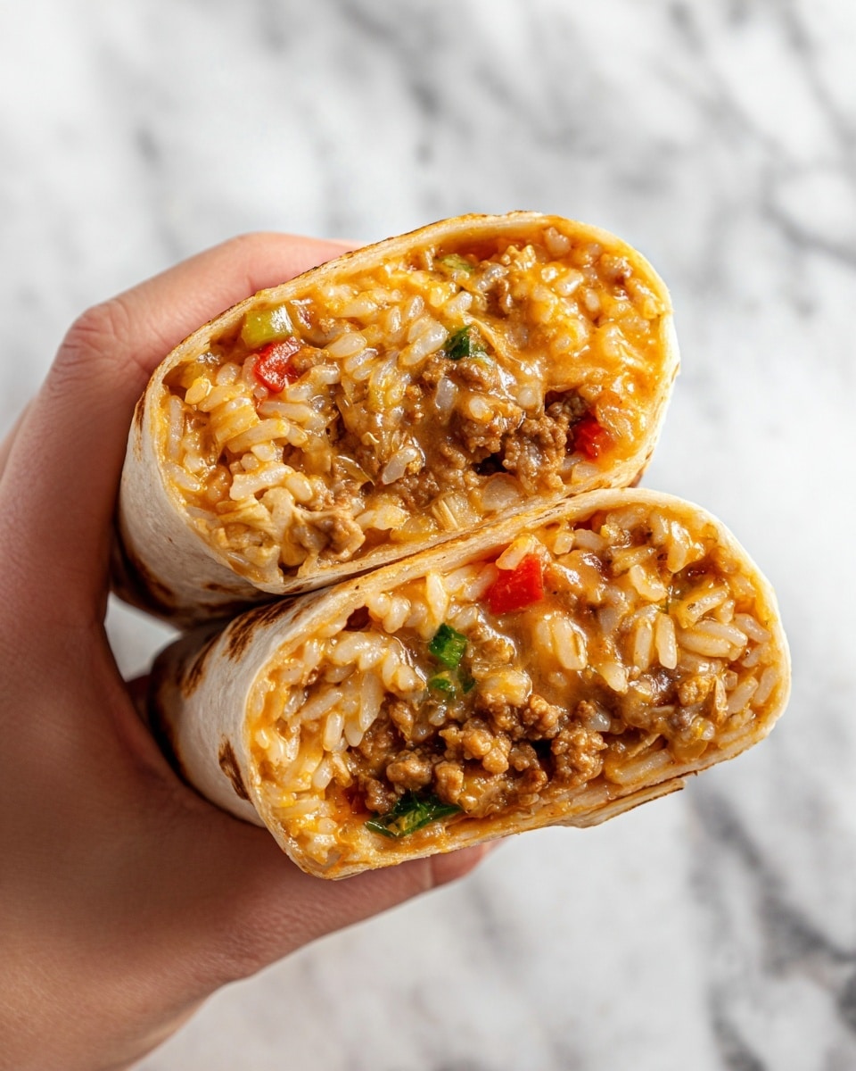 A woman's hand holds two halves of a burrito with the cut sides facing forward, showing three layers inside: a soft, lightly toasted white tortilla wrap on the outside, a middle filling of orange and brown cooked rice mixed with small pieces of vegetables and minced meat, and thin strands of melted yellow cheese stretching between the halves. The background is a white marbled texture. Photo taken with an iphone --ar 4:5 --v 7