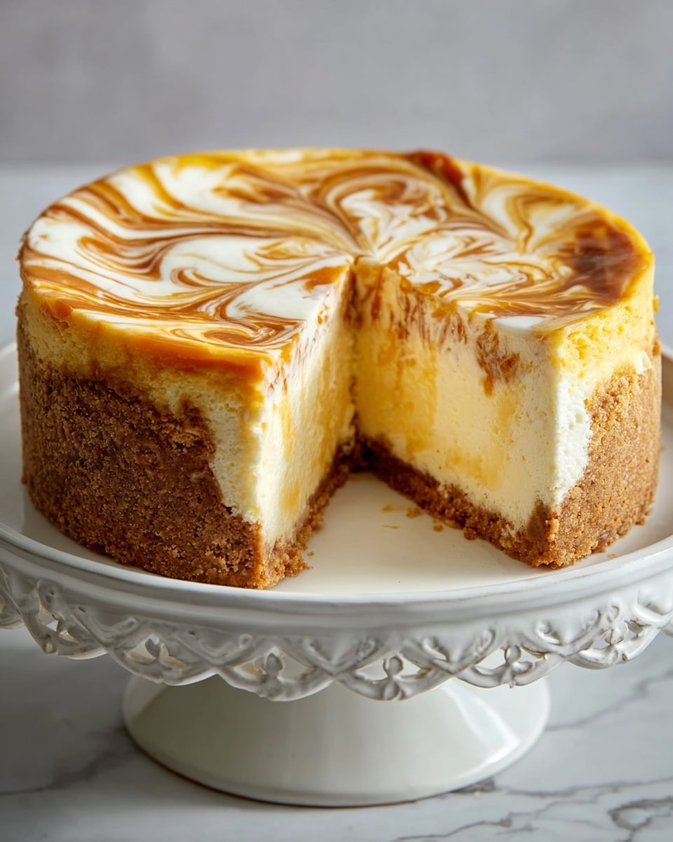 A round cheesecake with three visible layers sits on a white ornate cake stand on a white marbled surface. The bottom layer is a crumbly, textured brown crust. Above it is a thick creamy pale yellow layer of cheesecake filling, soft and slightly dense in texture. The top layer is a smooth swirled pattern of white and caramel-brown that creates a marbled effect, spreading evenly across the top of the cake. One slice is cut out, showing the smooth sides and the fluffy texture of the cheesecake inside. photo taken with an iphone --ar 4:5 --v 7
