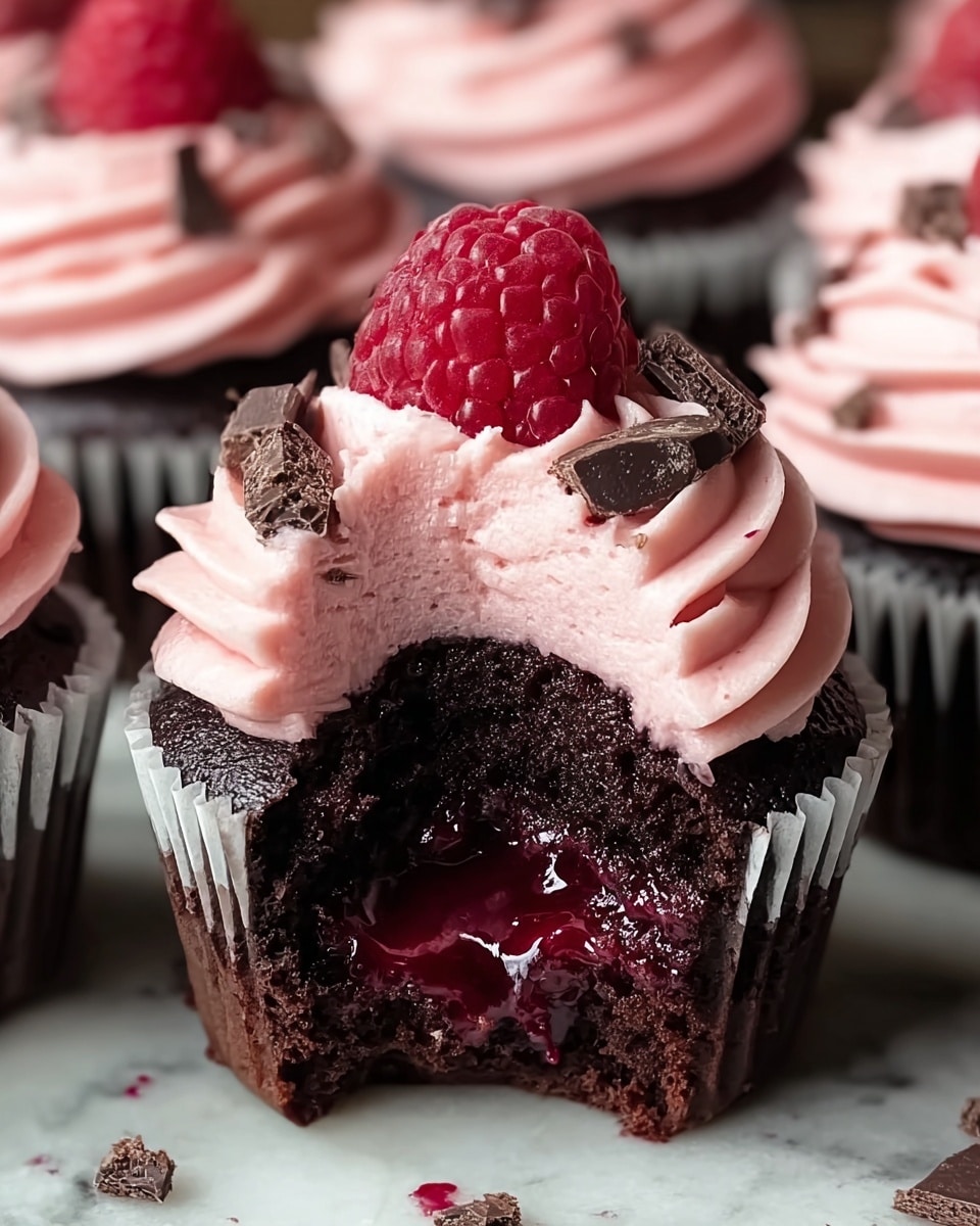 A close-up view of a bitten chocolate cupcake with three main layers: the base is dark brown and moist chocolate cake, the middle is a thick, glossy red berry filling that is oozing out, and the top has a smooth swirl of pink frosting sprinkled with small dark chocolate pieces. On top of the frosting, a fresh red raspberry is placed at the center. The cupcake is in a white paper liner and sits on a white marbled surface with more cupcakes blurred in the background. Photo taken with an iphone --ar 4:5 --v 7