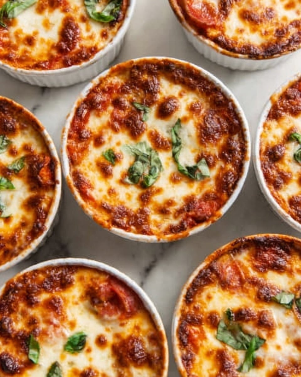 The image shows several mini deep-dish pizzas in round aluminum foil pans on a white marbled surface. Each pizza has a thick, golden-brown crust, topped with melted cheese that is slightly browned and bubbling. There are small pepperoni slices scattered on top with bits of green basil leaves. The cheese layer covers the hearty tomato sauce underneath, giving a creamy, slightly oily texture. The pizzas look fresh and warm, with a crispy edge and soft center. photo taken with an iphone --ar 4:5 --v 7