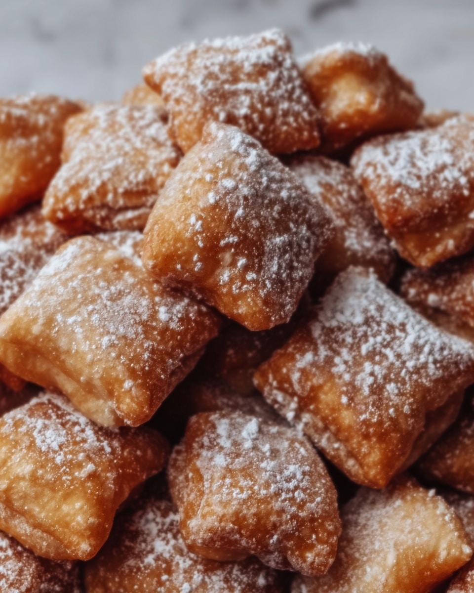 A close-up image shows many small, square-shaped pastries piled together. Each piece has a golden brown, crispy texture with some unevenness and cracks on the surface. The pastries are lightly dusted with white powdered sugar that contrasts with the golden color. The background is a white marbled texture. photo taken with an iphone --ar 4:5 --v 7