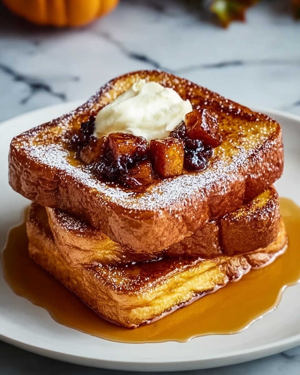 Two thick slices of golden-brown French toast stacked on a white plate, with a syrup pool spreading around the base. The top slice is decorated with small caramelized apple pieces that have a shiny, sugary glaze, and a dollop of soft butter melting in the middle. A light dusting of powdered sugar covers the toast and the plate edges. The toast texture looks crisp on the outside but soft inside. The whole plate sits on a white marbled surface. photo taken with an iphone --ar 4:5 --v 7