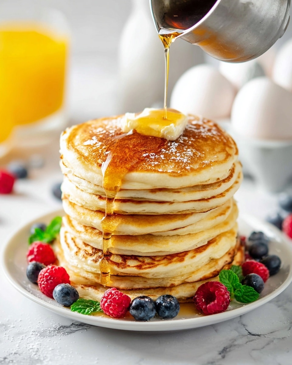 A stack of seven golden-brown pancakes sits on a white plate, each pancake thick and fluffy with a slightly uneven but smooth texture on the edges. On top of the stack, a dollop of melting butter spreads softly, catching the light, while golden syrup pours slowly from a metal container, running down the sides of the pancakes in thin streams. Around the base of the stack, fresh raspberries and blueberries add vibrant pops of red and blue, scattered with a few green mint leaves for contrast. In the background, white eggs in a white carton and a glass of bright orange juice are softly blurred, all set on a white marbled surface. photo taken with an iphone --ar 4:5 --v 7