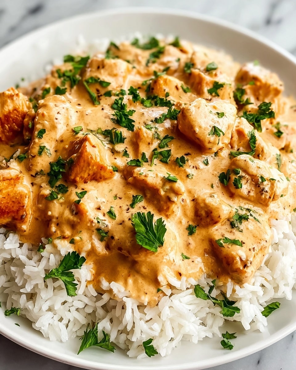 A white plate holds a bed of fluffy white rice as the bottom layer, topped with a thick layer of creamy, light orange sauce mixed with golden-brown seared chicken chunks. The sauce looks smooth with some small herbs sprinkled throughout, adding texture. Bright green parsley leaves are scattered on top, adding a fresh pop of color. The plate sits on a white marbled surface. photo taken with an iphone --ar 4:5 --v 7