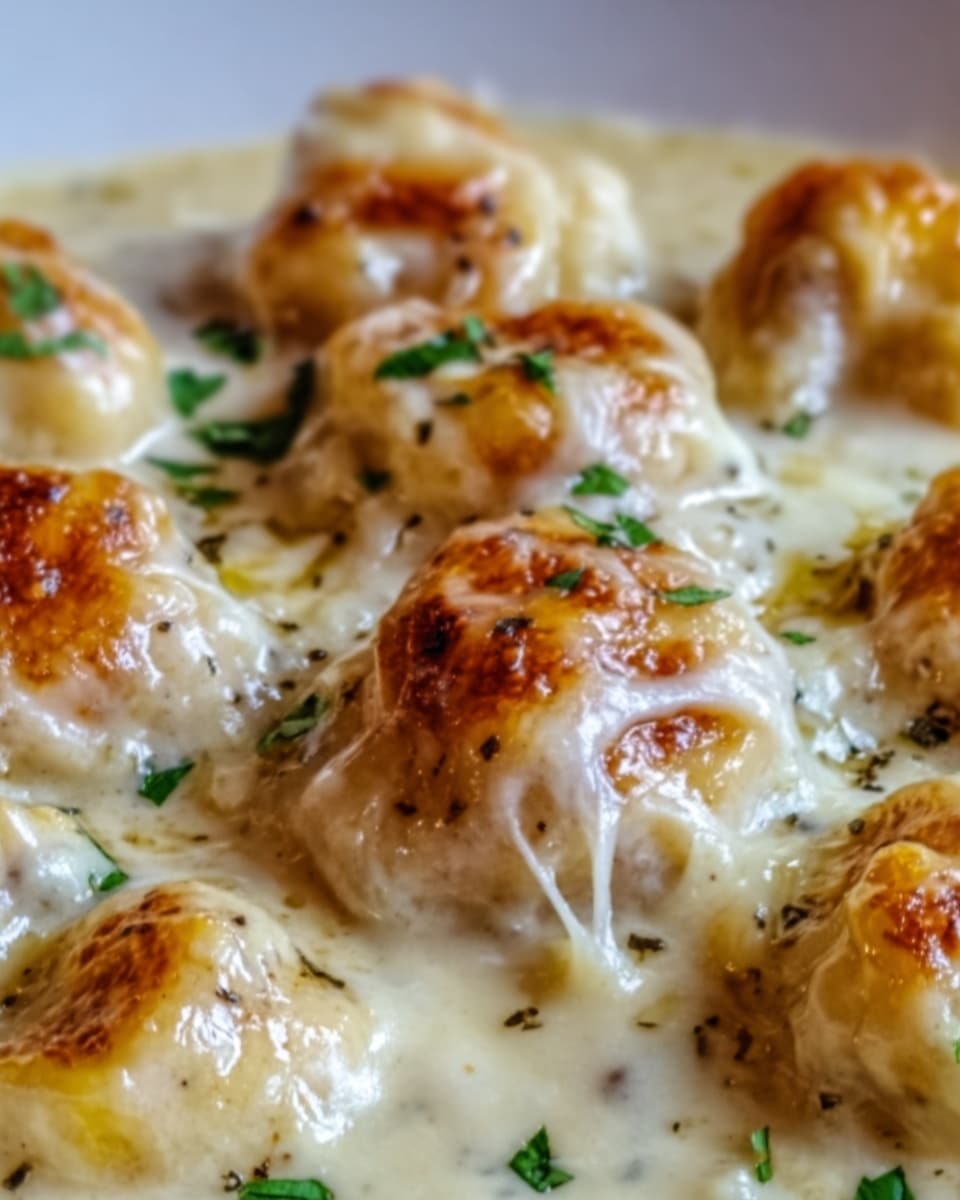 The image shows a close-up of a white plate filled with a baked dish that has about two layers. The bottom layer is a creamy white sauce, smooth in texture. On top, there are round golden-brown dumplings or gnocchi, lightly browned and covered in melted cheese that stretches between them with a slightly glossy look. Small green herb pieces are sprinkled on top, adding a fresh color contrast. The dish looks warm and gooey with a soft texture. Photo taken with an iphone --ar 4:5 --v 7