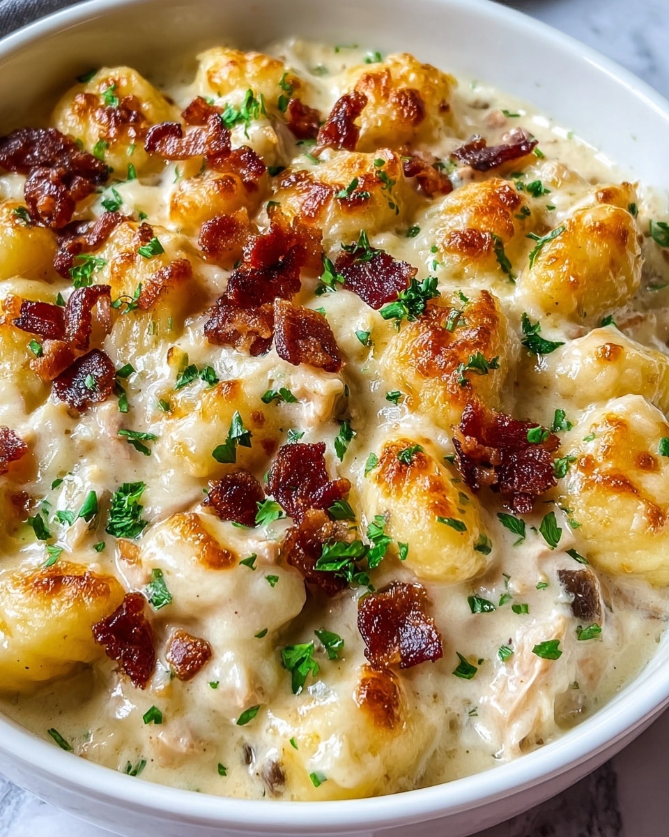 A close-up view of a creamy gnocchi dish in a white bowl with a white marbled texture background. The dish has one main layer of golden-browned gnocchi pieces covered in a thick, smooth cream sauce that has bits of tender chicken mixed in. The top layer is browned melted cheese with small, crispy dark brown bacon pieces scattered around. Finally, bright green parsley leaves are sprinkled on top for a fresh contrast. Photo taken with an iphone --ar 4:5 --v 7