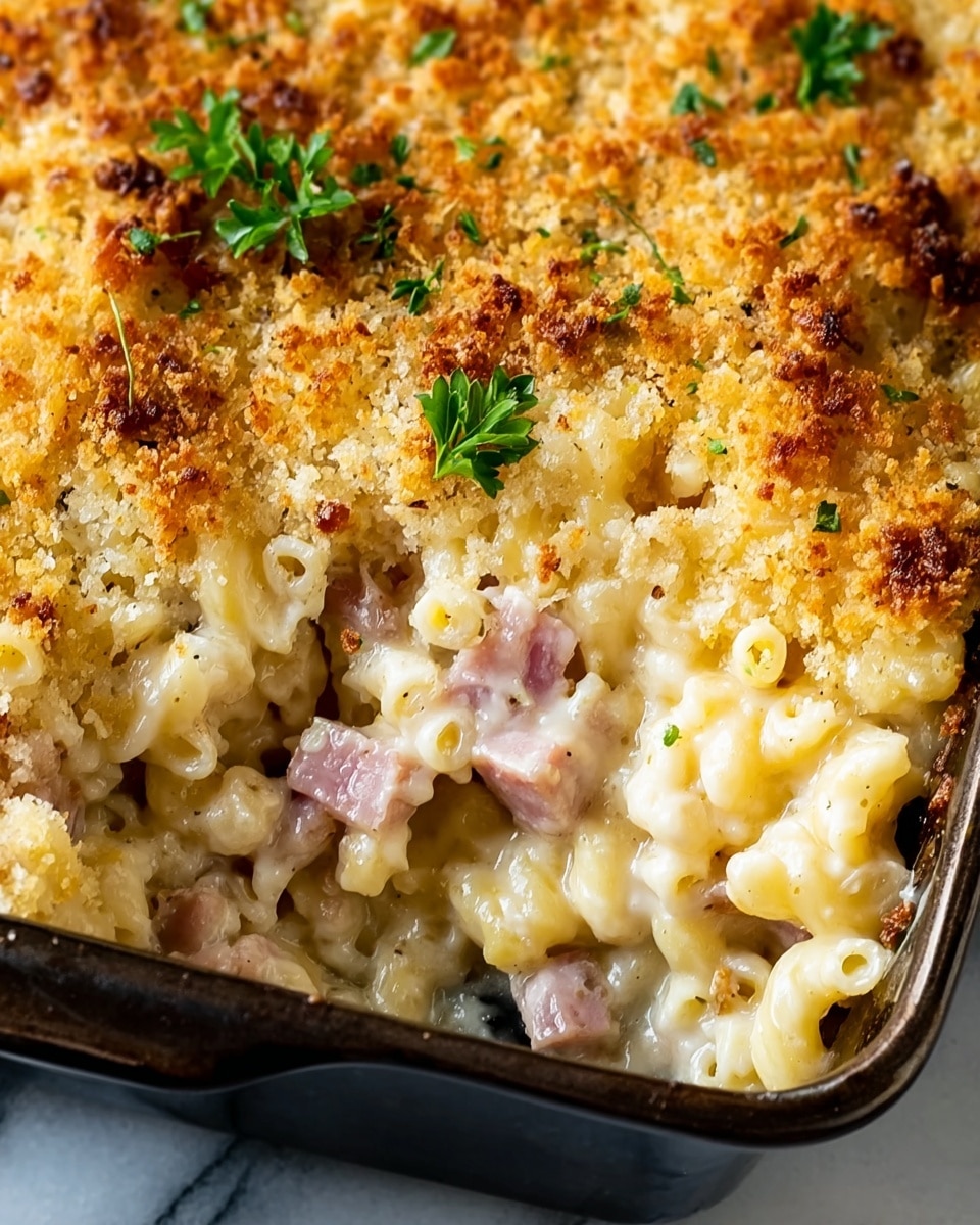 A close-up view of a baked macaroni and cheese dish in a dark baking pan, showing three main layers: the bottom layer is creamy cooked macaroni pasta in a light yellow cheese sauce, the middle layer has chunks of pink ham mixed throughout, and the top layer features a golden brown breadcrumb crust with a slightly crispy texture. Small green parsley leaves are scattered on top for a pop of color, and the pan rests on a white marbled surface. Photo taken with an iphone --ar 4:5 --v 7