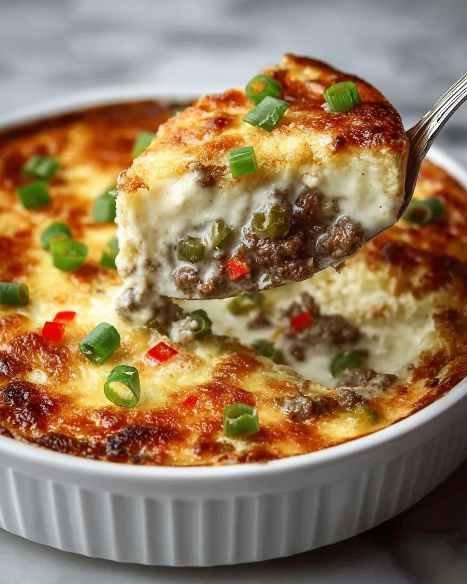 The image shows a close-up of a white round dish filled with a layered casserole. The top layer is golden-brown melted cheese with scattered slices of green onions. Below the crusty cheese layer is a creamy white layer mixed with ground beef pieces, small green pepper chunks, and bits of red pepper, creating a textured and colorful filling. The spoon lifting a serving from the dish reveals the layers clearly, showing the soft, cheesy texture combined with the hearty meat and veggie mixture. The dish sits on a white marbled surface. Photo taken with an iphone --ar 4:5 --v 7