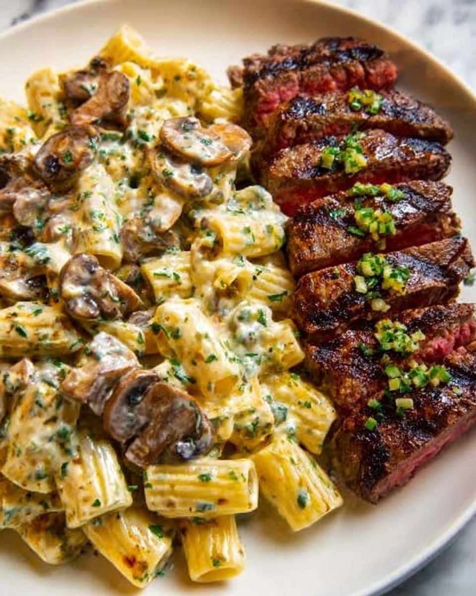 The image shows a white plate filled with creamy rigatoni pasta covered in a rich white sauce with pieces of browned mushrooms and garnished with green herbs on the left side. On the right side, there is a thick, juicy steak cooked medium-rare with a charred, dark brown crust and visible grill marks, topped with small green herb pieces. The steak is sliced into several even pieces and laid out neatly. The background features a white marbled surface. Photo taken with an iphone --ar 4:5 --v 7
