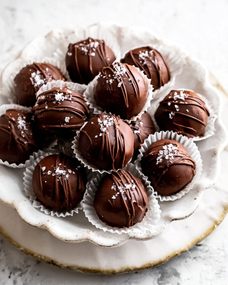 A round white plate with scalloped edges holds a crinkled white paper liner covered with a neat pile of chocolate truffles. Each truffle is smooth, glossy dark brown with thin drizzles of slightly lighter chocolate on top and scattered flakes of coarse white sea salt. The truffles are arranged closely, showing their shiny texture and rich color contrast with the white paper, all placed on a white marbled surface. photo taken with an iphone --ar 4:5 --v 7