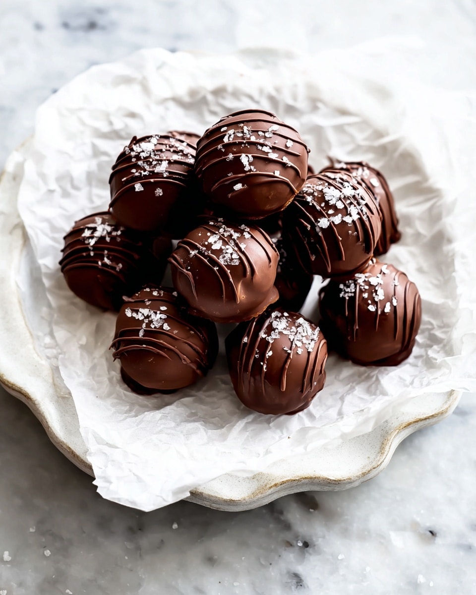A white scalloped round tray holds a white crumpled parchment paper topped with several smooth, round chocolate truffles. Each truffle is coated in dark chocolate with thin, darker chocolate drizzle lines over the top, and sprinkled lightly with coarse white sea salt flakes. The truffles are piled in a loose stack at the center of the tray. The tray rests on a white marbled surface. photo taken with an iphone --ar 4:5 --v 7