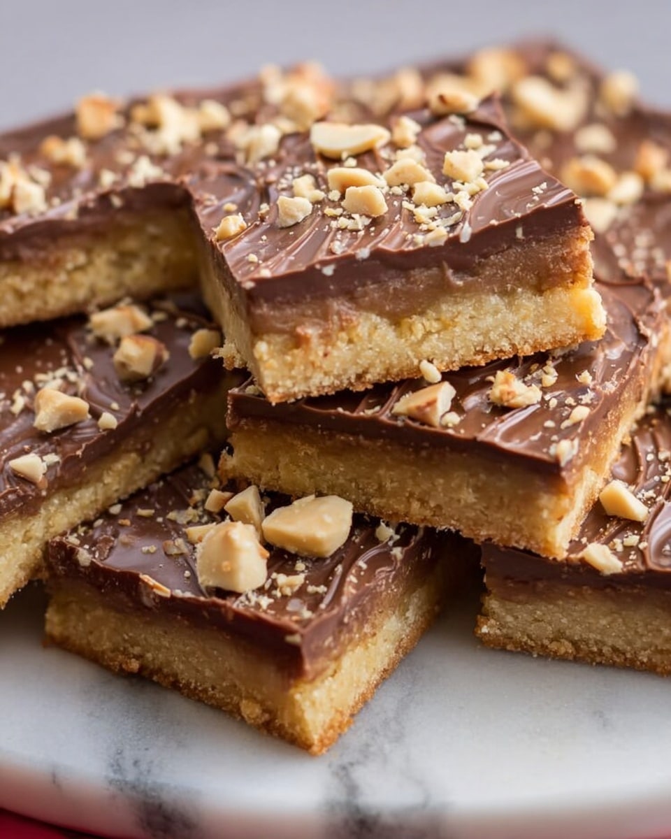 The image shows several square pieces of a dessert bar stacked closely on a white marbled surface, each piece having two clear layers. The bottom layer is golden brown and looks crumbly, like a shortbread crust with a rough texture. The top layer is a smooth, thick milk chocolate layer with small swirls and a shiny finish. On top of the chocolate are scattered pieces of chopped nuts that add a bit of roughness and lighter tan color contrast. The bars are cut neatly and some pieces slightly overlap each other. The photo taken with an iphone --ar 4:5 --v 7
