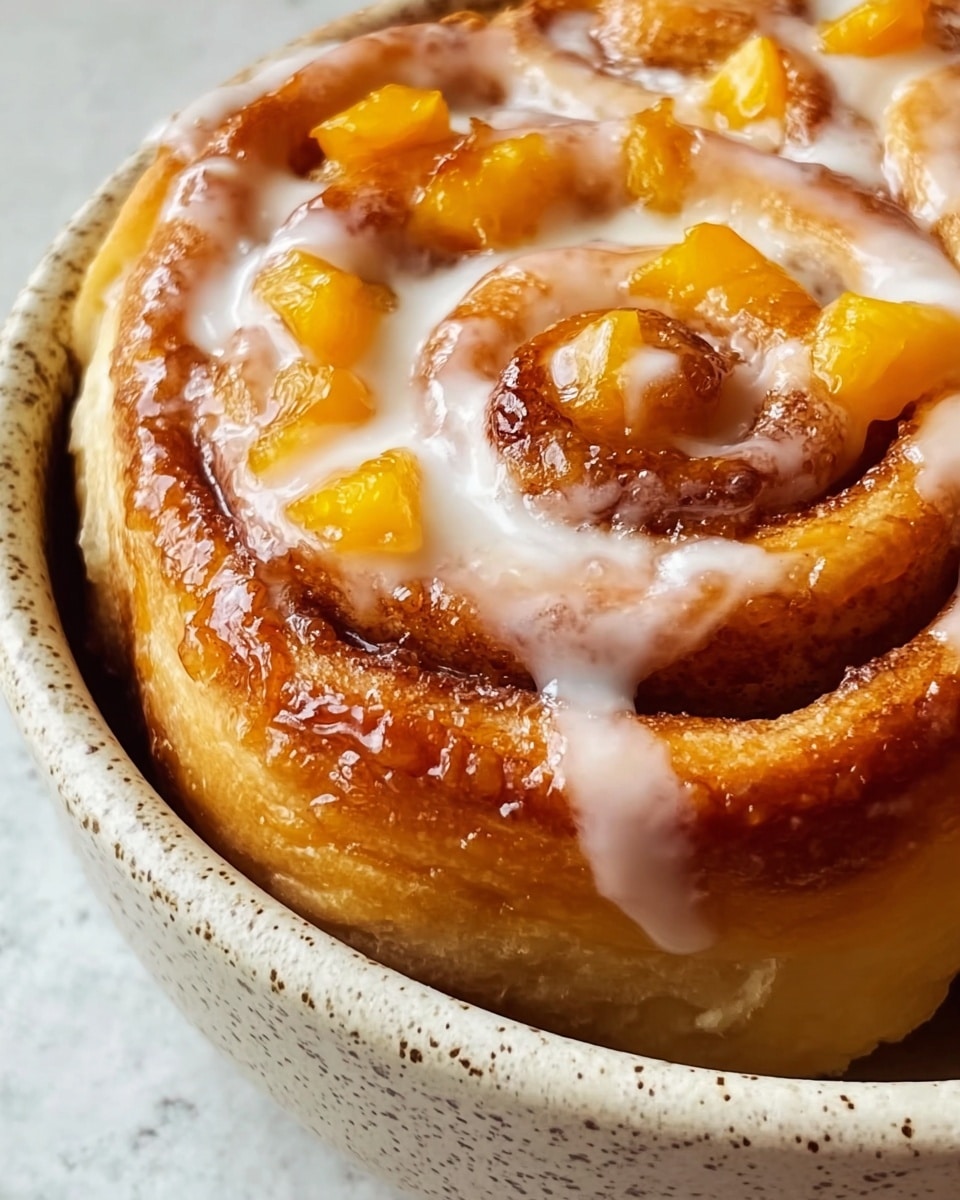 A close-up view of a soft cinnamon roll with about five coiled layers, each layer showing a glossy brown cinnamon sugar swirl texture. The roll is topped with shiny chunks of bright orange peach pieces scattered inside the swirls. A thick white icing glaze is drizzled over the roll, following the circular shape and adding a smooth shine that contrasts with the textured dough. The cinnamon roll is placed in a white, speckled bowl that has a rough ceramic look. The background is a white marbled texture. photo taken with an iphone --ar 4:5 --v 7