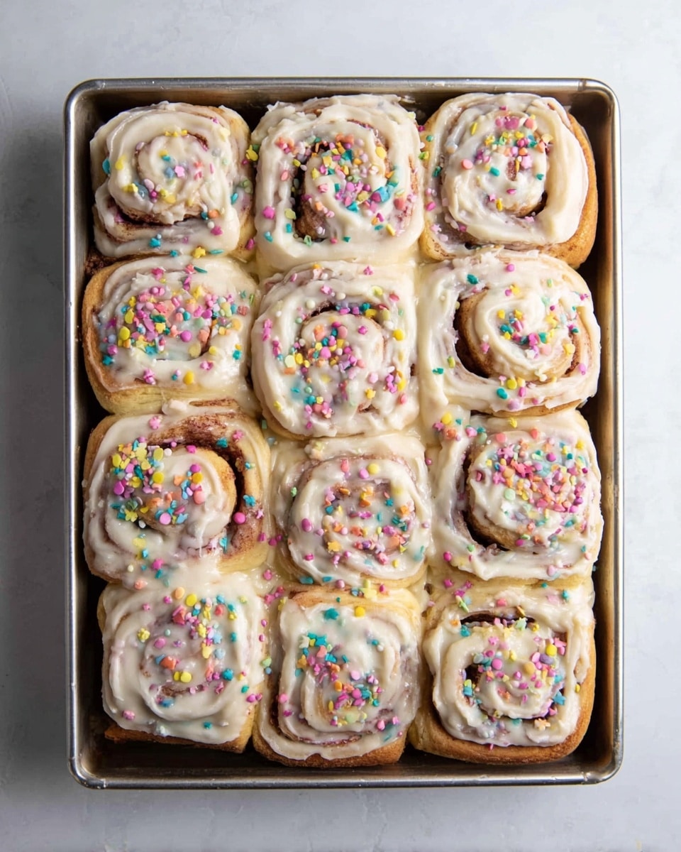 The image shows a metal tray filled with twelve square cinnamon rolls arranged in a 3 by 4 grid. Each cinnamon roll has two main layers: a light brown, swirled dough base with visible cinnamon spirals, and a thick, creamy white icing layer spread unevenly on top. The icing is decorated with small, round, colorful confetti sprinkles in pastel shades of pink, yellow, green, blue, and purple scattered all over the rolls. The tray is placed on a white marbled surface. photo taken with an iphone --ar 4:5 --v 7