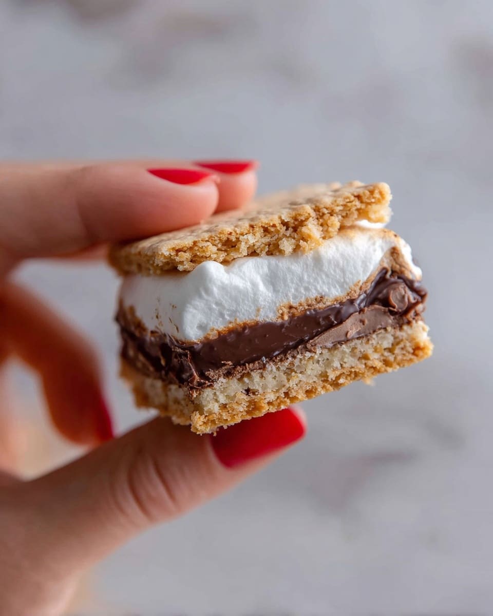 A close-up image of a woman's hand with red painted nails holding a square s'mores treat. The treat has three distinct layers: the bottom and top layers are light brown, crunchy graham cracker pieces with a crumbly texture, sandwiching a middle layer of smooth, thick, dark chocolate, and topped with a fluffy white marshmallow layer that looks creamy and soft. The background is a white marbled texture, keeping focus on the layered treat. Photo taken with an iphone --ar 4:5 --v 7