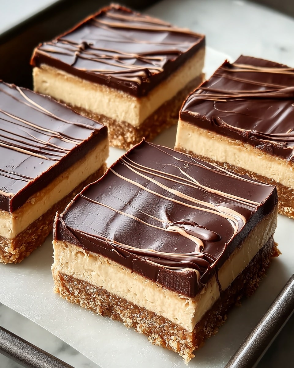 Four square dessert bars sit neatly in a dark pan on a white marbled surface, each with three visible layers: a crumbly light brown bottom crust, a thick creamy beige middle layer with a smooth texture, and a glossy dark chocolate top with thin wavy lines drizzled across. The edges of the chocolate layer are slightly uneven, showing a bit of the beige layer underneath. The lighting highlights the shiny surface of the chocolate and the soft texture of the middle layer. photo taken with an iphone --ar 4:5 --v 7