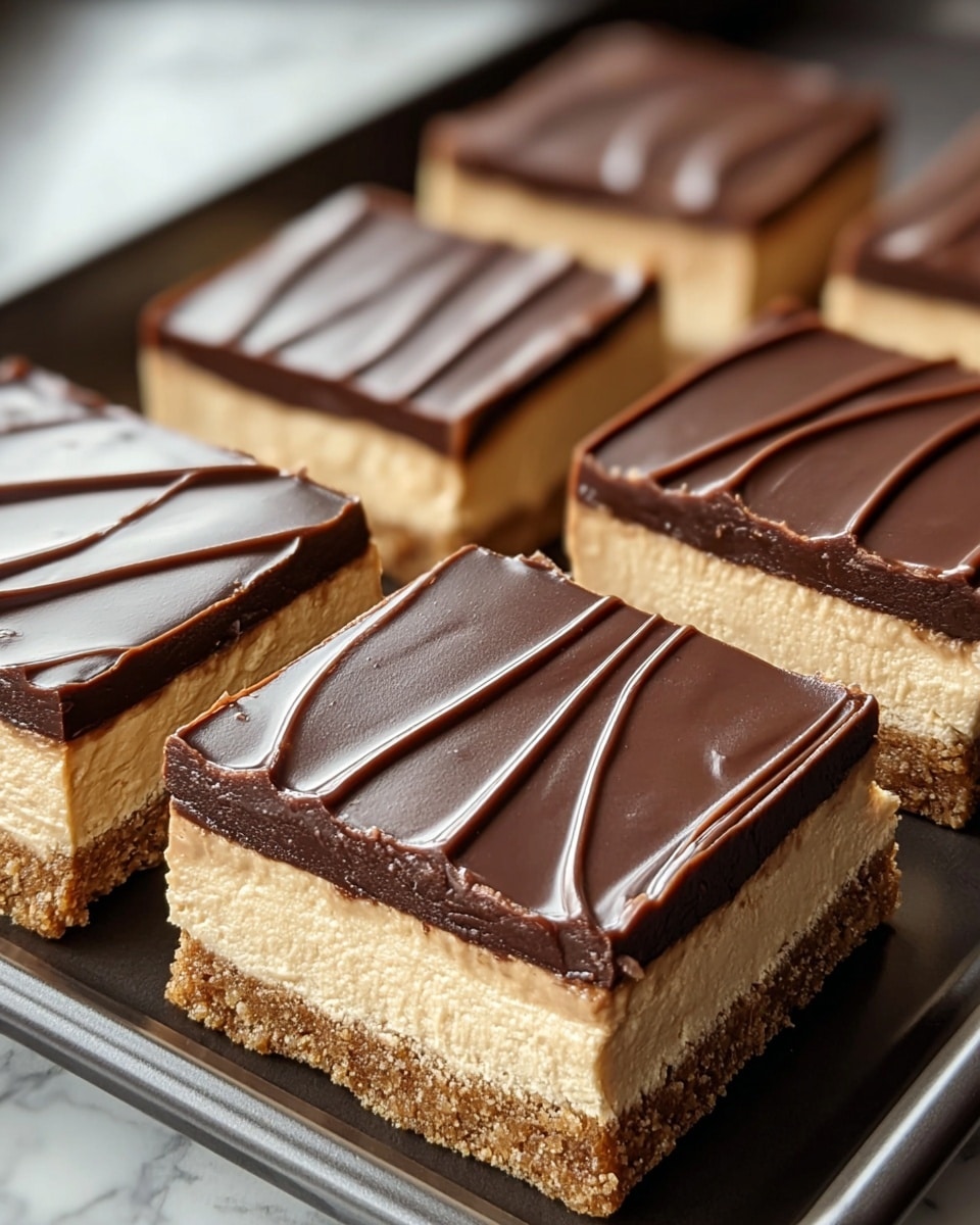 The image shows four square dessert bars neatly placed on a dark tray. Each bar has three clear layers: the bottom layer is a crumbly light brown crust, the middle layer is a thick, creamy beige filling, and the top layer is a glossy dark chocolate with smooth, wavy lines drawn across it. The texture of the creamy layer looks soft and rich, while the chocolate layer has a shiny and smooth finish. The bars are closely arranged in two rows of two, with a white marbled surface barely visible in the background. photo taken with an iphone --ar 4:5 --v 7