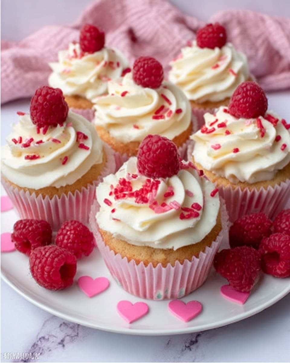 A group of six cupcakes sits on a white plate with pink heart shapes. Each cupcake has a pink wrapper and is topped with a large swirl of white cream. On top of the cream, there is one bright red raspberry along with small pieces of red sprinkles. Around the plate, some fresh raspberries are placed. The background and surface are a white marbled texture, and a pink cloth is partially visible behind the plate. Photo taken with an iphone --ar 4:5 --v 7