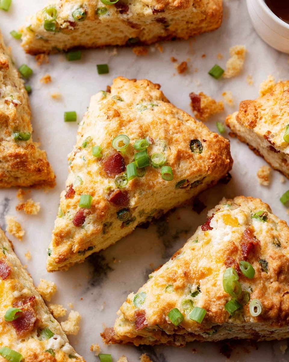 The image shows several triangular scones placed on parchment paper over a white marbled surface. Each scone has a textured, golden-brown crust with a slightly rough surface. Inside, the scones are light cream colored with small pieces of green scallions and reddish bits of bacon or similar ingredient spread evenly throughout. The top of each scone is sprinkled with more chopped green scallions, adding a fresh pop of color to the warm tones. Crumbs and small bits are scattered around the scones, suggesting a crumbly texture. Photo taken with an iphone --ar 4:5 --v 7