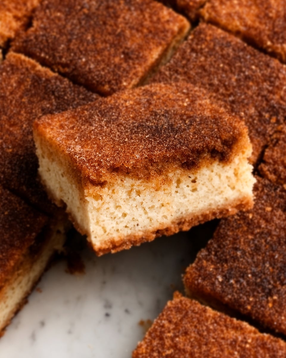 The image shows square pieces of a baked dessert with a brown, crumbly top layer that looks slightly crunchy. One square piece is lifted above the rest, showing a thick, soft middle layer with a light beige color and a slightly smooth texture. The pieces have clean edges and are tightly placed together on a white marbled surface. The top looks like it has a coarse sugar or spice coating, adding texture and color contrast. Photo taken with an iphone --ar 4:5 --v 7
