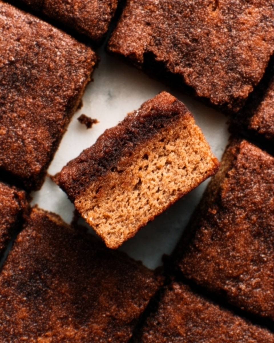 The image shows a close-up of a batch of brownies cut into squares on a white marbled surface. There are nine visible pieces arranged in a grid, with one square in the center slightly lifted by a woman's hand. The brownies have a deep brown color with a crumbly texture on top and a dense, moist inside that is a lighter brown. The edges of the lifted piece show the thickness and soft texture inside, contrasting with the slightly rough and cracked surface. photo taken with an iphone --ar 4:5 --v 7