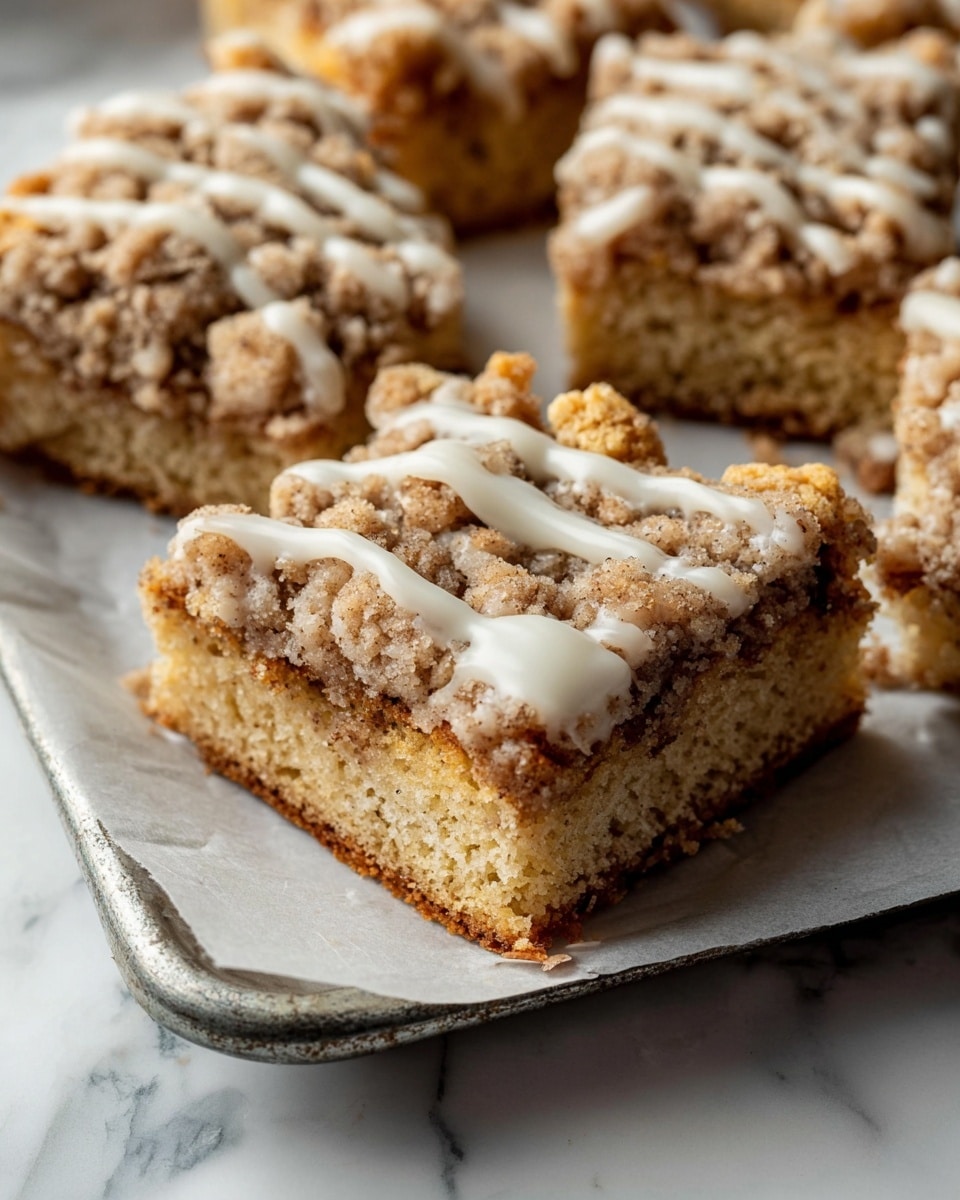 The image shows several square pieces of crumb cake resting on parchment paper on a metal tray. Each piece has three visible layers: a base layer with a light brown, soft cake texture; a thick, crumbly, darker brown streusel layer on top; and a final layer of white glaze drizzled unevenly over the crumb topping. The crumb topping is chunky and rough with small clumps, while the glaze is smooth and shiny, adding contrast. The background features a white marbled surface. photo taken with an iphone --ar 4:5 --v 7