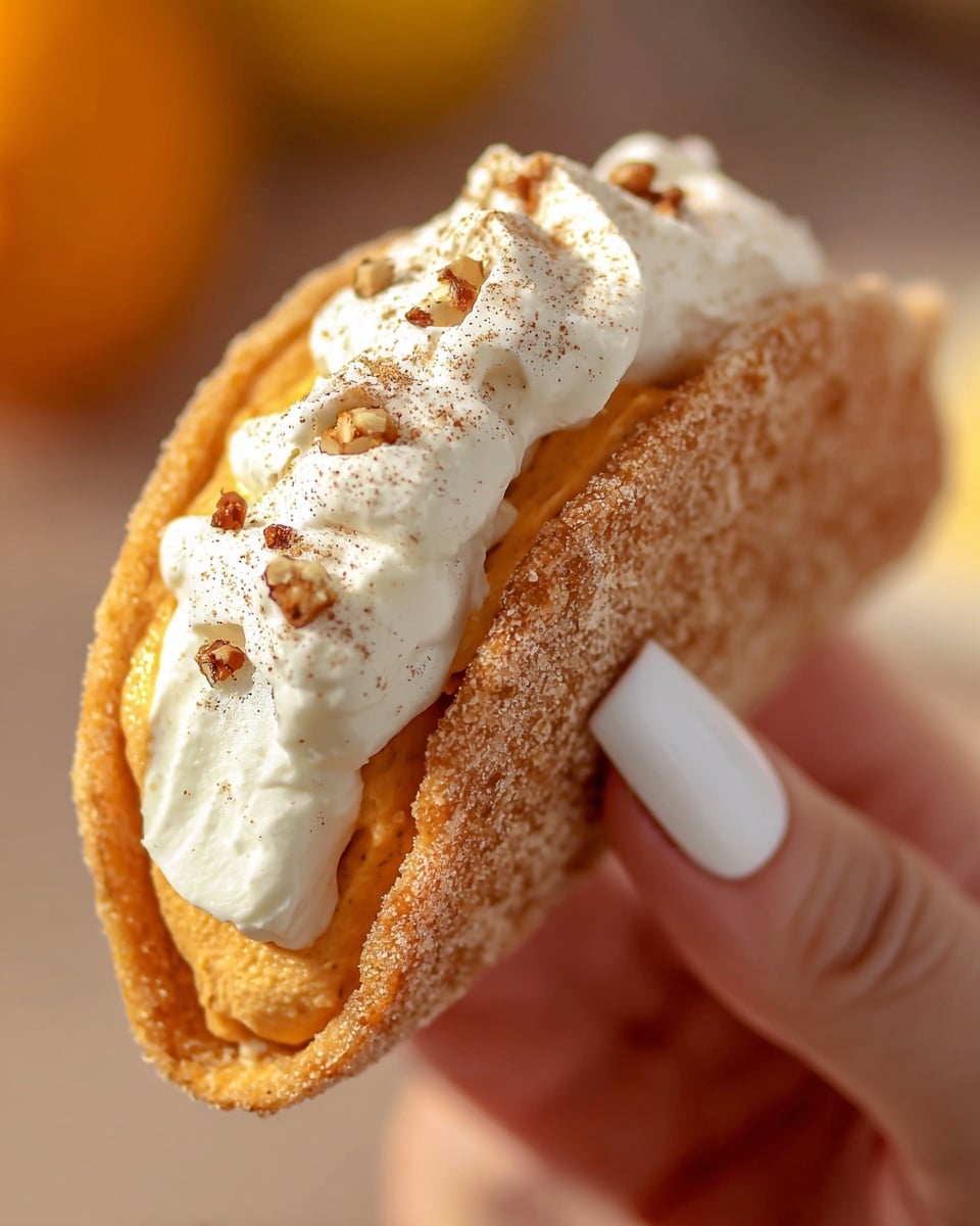 A close-up of a small taco-shaped dessert held by a woman's hand with long white nails, featuring two visible layers inside a light brown, sugar-coated shell that looks crispy. The bottom layer inside the shell is a smooth, orange-colored filling with a slightly textured surface. On top of this is a thick layer of white whipped cream sprinkled with ground cinnamon and small pieces of nuts. The background is softly blurred with warm tones, and the dessert is sharply in focus. Photo taken with an iphone --ar 4:5 --v 7
