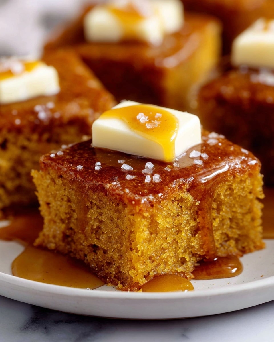 A close-up view of a single square piece of warm, moist golden brown cake with a textured crumb, topped with a shiny layer of thick amber syrup that drips down one edge, crowned with a pale yellow rectangular slab of melting butter sprinkled with a little ground spice and flakes of salt. Behind it, more similar pieces of cake are blurred in the background. All the cake pieces sit on a simple white plate against a white marbled surface. photo taken with an iphone --ar 4:5 --v 7