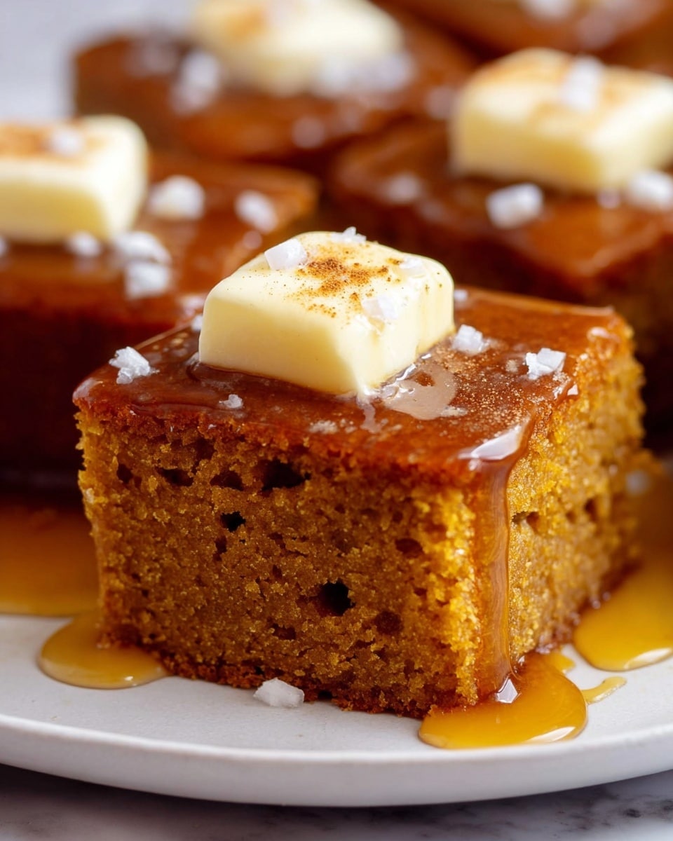A close-up of a single square piece of brown cake with a soft and moist texture showing small air holes inside, placed on a white plate. The cake is topped with a glossy layer of amber-colored syrup that drips down the sides and pools slightly on the plate. On top of the syrup sits a small pale yellow square of butter with a light sprinkle of brown spice and a few coarse grains of white salt. In the blurred background, there are more identical square cake pieces with similar syrup and salt on top, all resting on a white marbled texture. Photo taken with an iphone --ar 4:5 --v 7