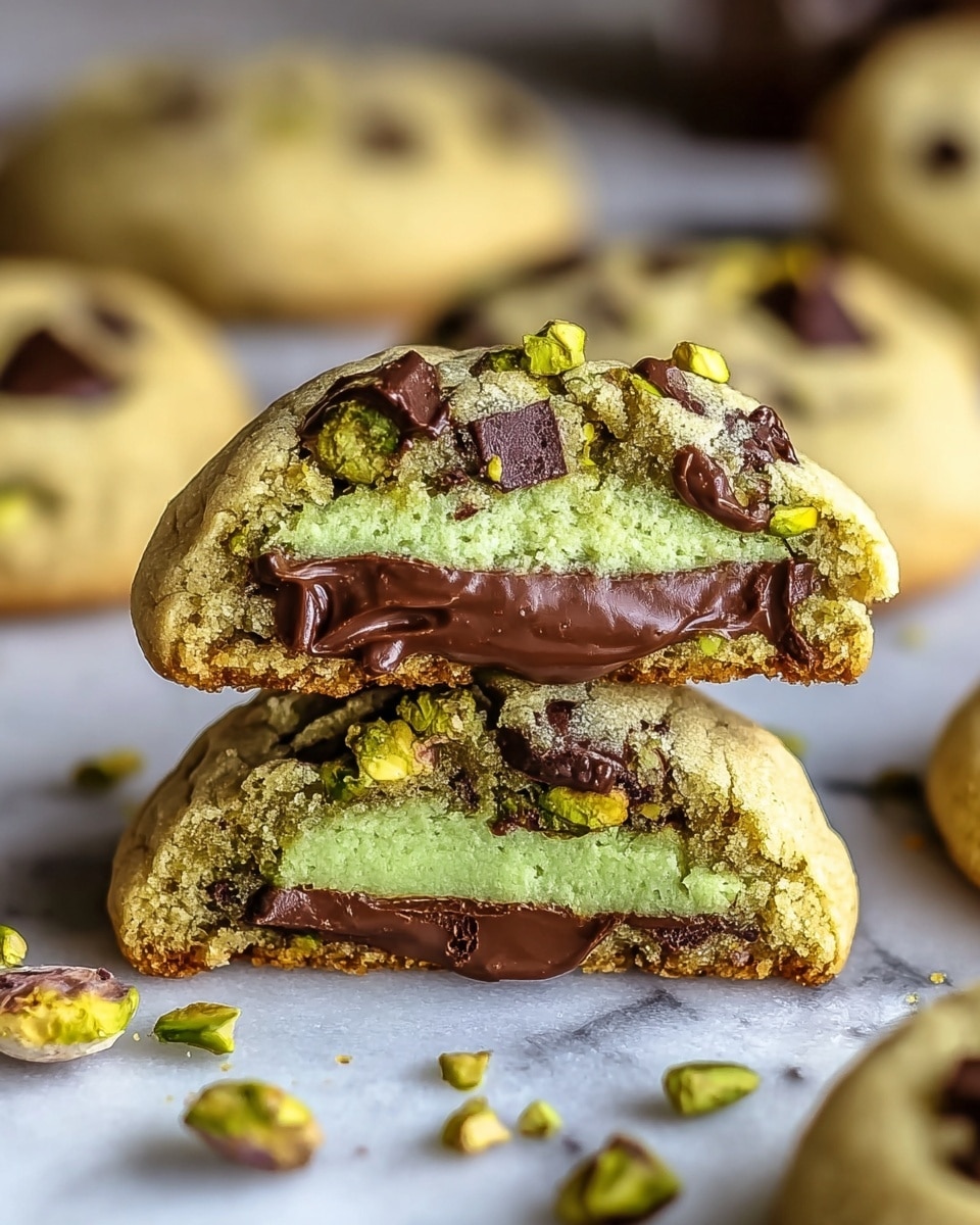 The image shows two cookies stacked on top of each other with the top cookie broken in half to reveal a layered inside. The outer layer is a golden-brown, soft cookie dough with chunks of dark chocolate and pieces of green pistachio nuts visible on top. Inside, there is a bright green creamy pistachio filling forming one middle layer, and a smooth dark chocolate layer right beneath it. Both cookies rest on a white marbled surface scattered with small bits of pistachios and chocolate pieces. Other whole cookies with similar texture and toppings are blurred in the background. Photo taken with an iphone --ar 4:5 --v 7