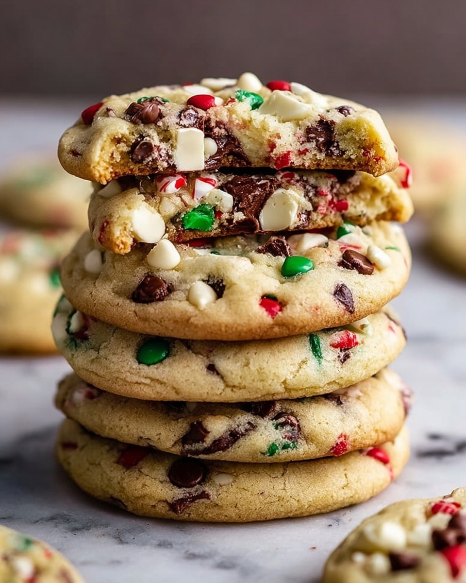 A stack of five thick, soft cookies sits on a white marbled surface, each cookie studded with white and dark chocolate chunks, small red candy pieces, and tiny green round sprinkles. The top cookie has a bite taken out of it, showing a soft, light golden-brown interior with visible chocolate chunks inside. The cookies have a slightly cracked surface, adding texture, with the colorful candy decorations scattered evenly across each cookie, giving a festive look. photo taken with an iphone --ar 4:5 --v 7