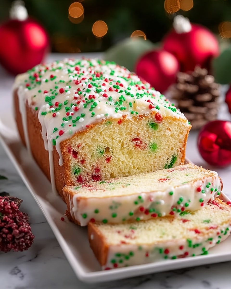 A sliced loaf cake with a light yellow crumb spotted with small red and green bits inside, each slice topped with a layer of white icing drizzled over the edges, decorated with small round red and green sprinkles spread evenly on top. The cake rests on a long white rectangular plate, placed on a white marbled surface with some pine branches and red Christmas ornaments in the out-of-focus background, giving a festive look. Photo taken with an iphone --ar 4:5 --v 7
